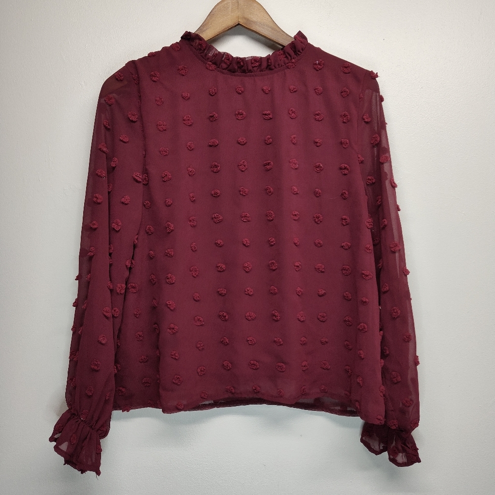 She + Sky Blouse Top Women S Burgundy Textured Long Sleeve Lined Preppy Party